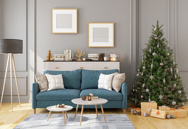 A holiday decorated living room