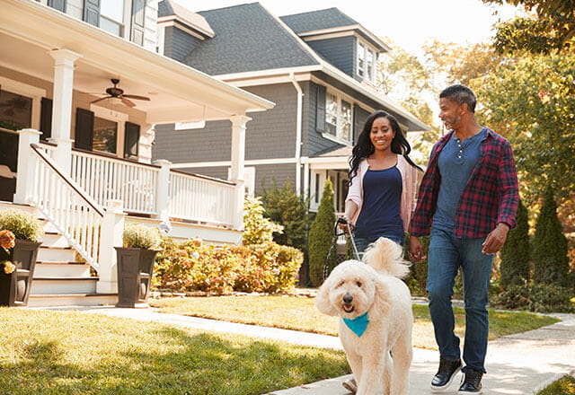 A couple walks their dog on a neighborhood sidewalk