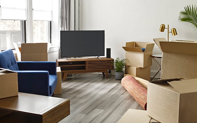 A living room with moving boxes and a TV