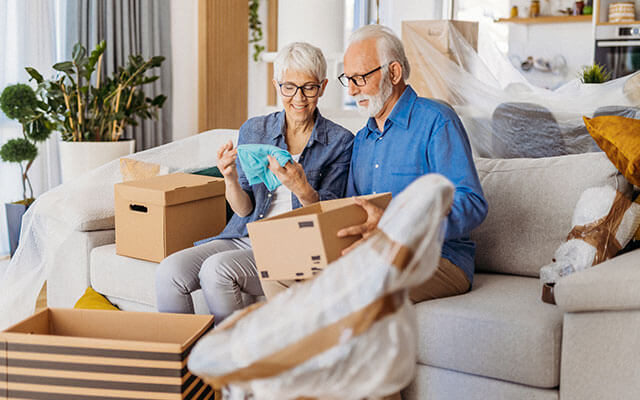 An older couple examines their belongings as they place them inside of a box for their move