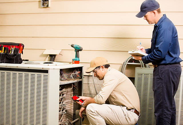 Technicians look at a home's air conditioning unit