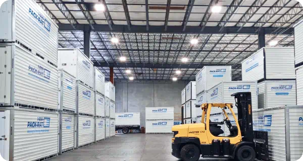 A view of 1-800-PACK-RAT containers and a forklift in a 1-800-PACK-RAT storage facility