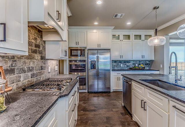 View of a modern home's large kitchen space