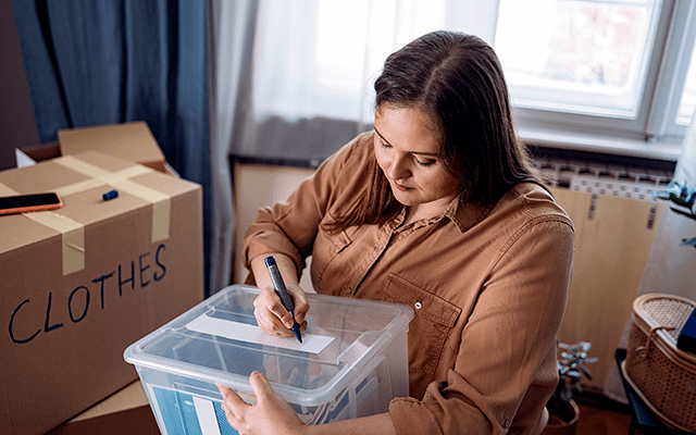 A woman labels a clear container she is using to move her belongings while other labeled boxes sit in the backgroun