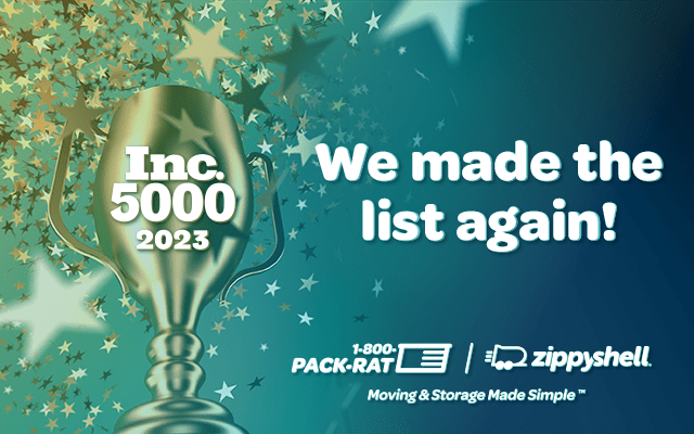 A graphic indicating that Zippy Shell and 1-800-PACK-RAT have made the Inc 5000 list again in 2023