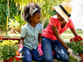 A mother and daughter plant some greenery in their home garden